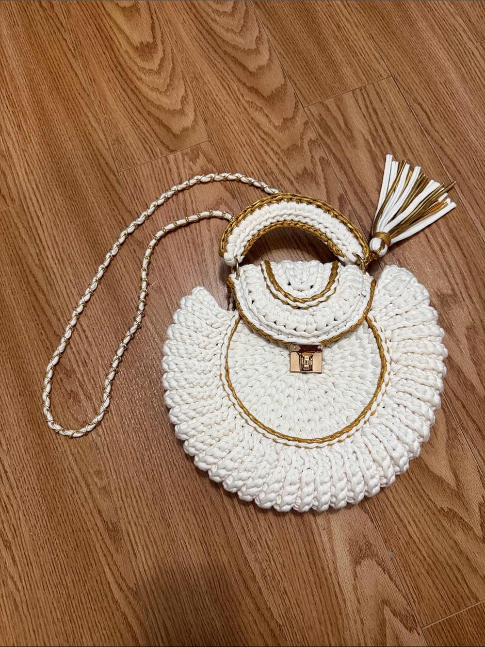 Hand Crafted in Colombia Cream Crochet Round Crossbody with Gold Trim and Tassel